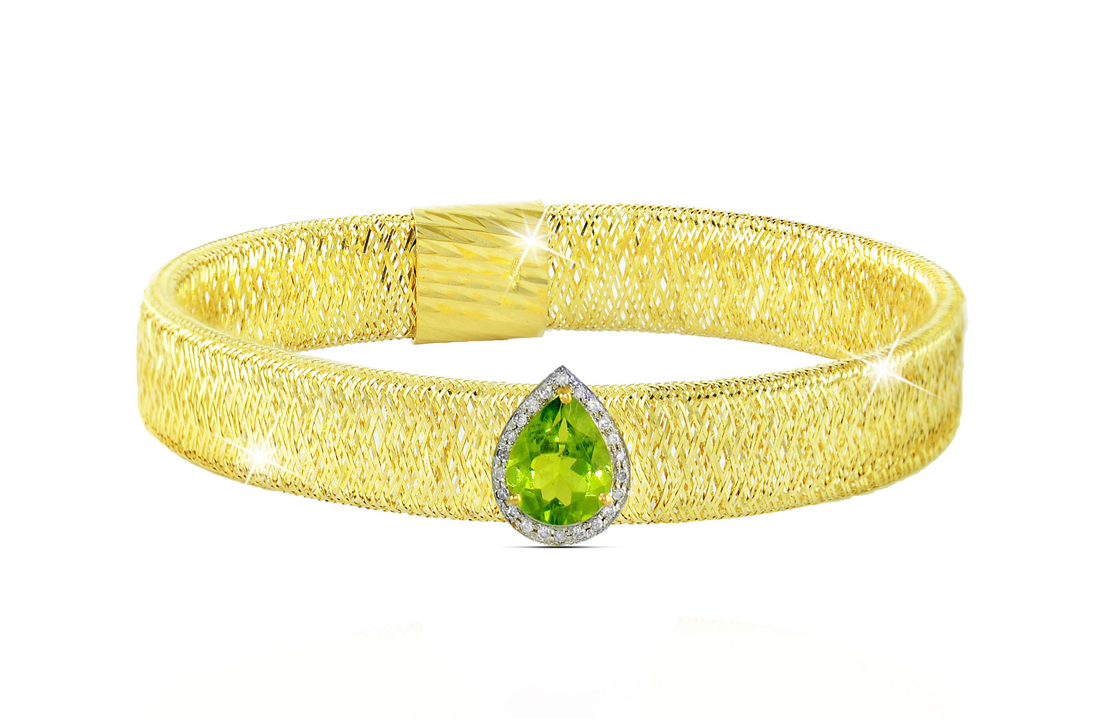 Vera Perla 18K Gold 0.12ct Diamonds, Peridot Mesh Bracelet